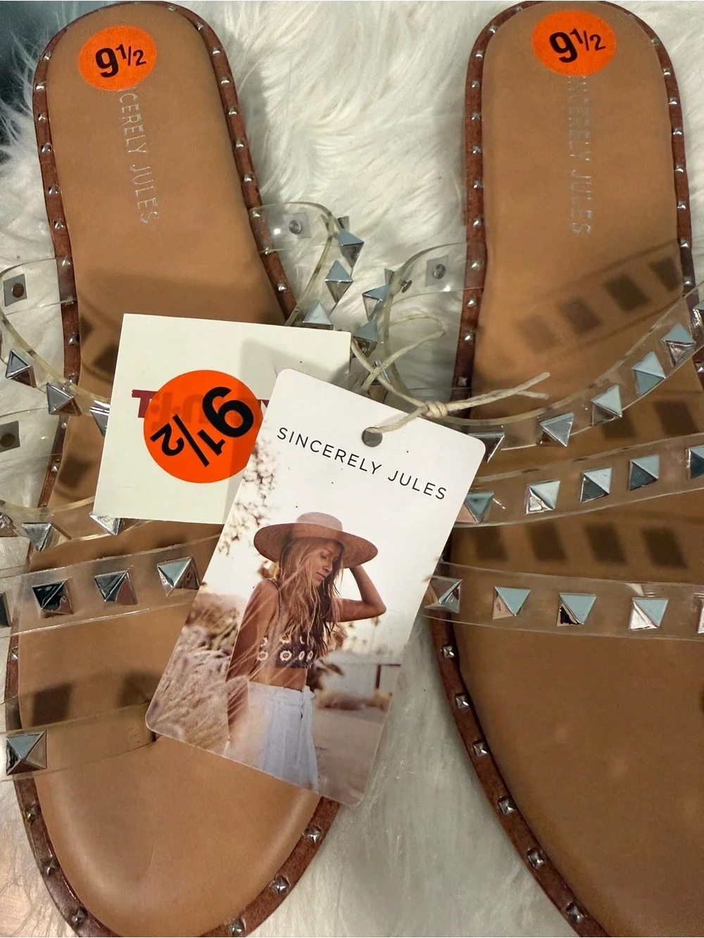 Sincerely Jules Tan Slide Sandals with Clear Studded Straps